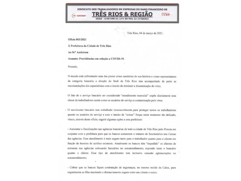 Sindicato pede providências para a prefeitura em relação ao covid